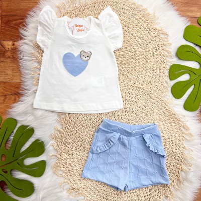 Conj. Blusa Ursinha com Coração e Short Lacinhos - Off White e Azul Bebê